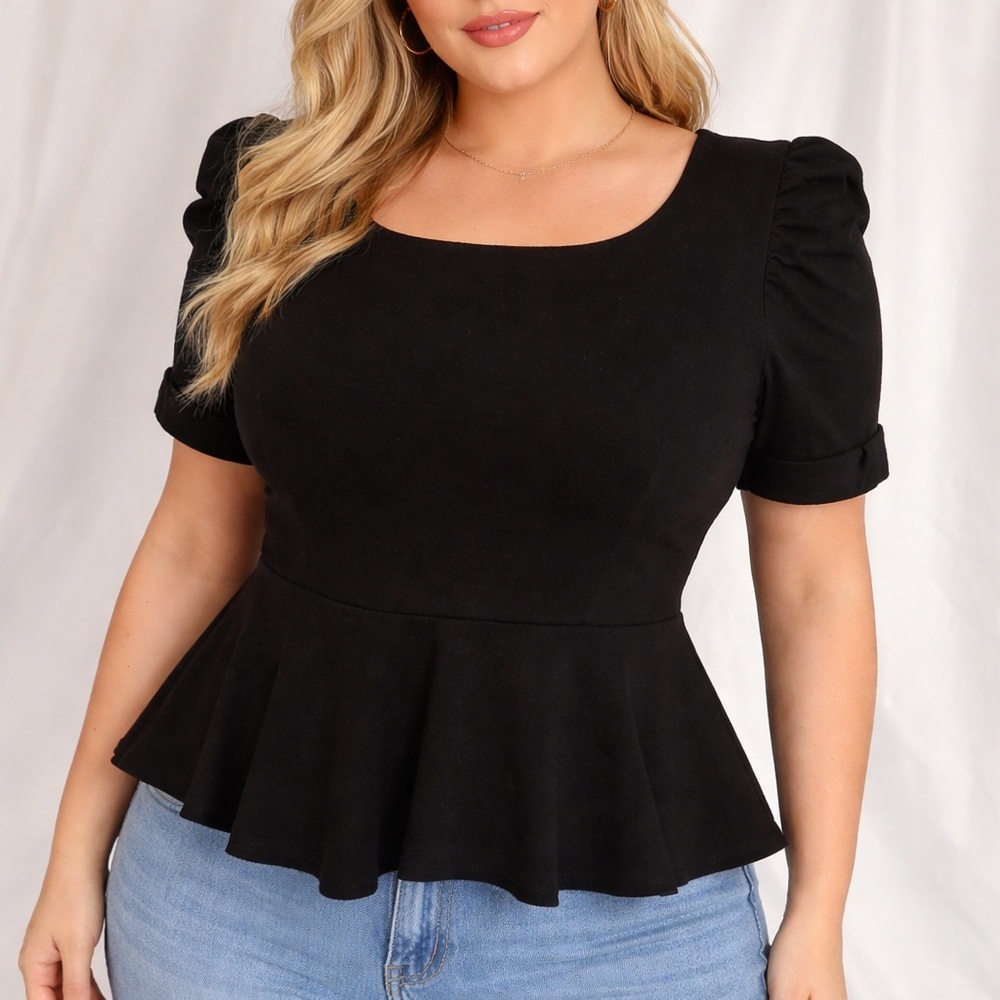 INC International Concepts Black Peplum Top Puff Sleeve Scoop Neck XL (1269)